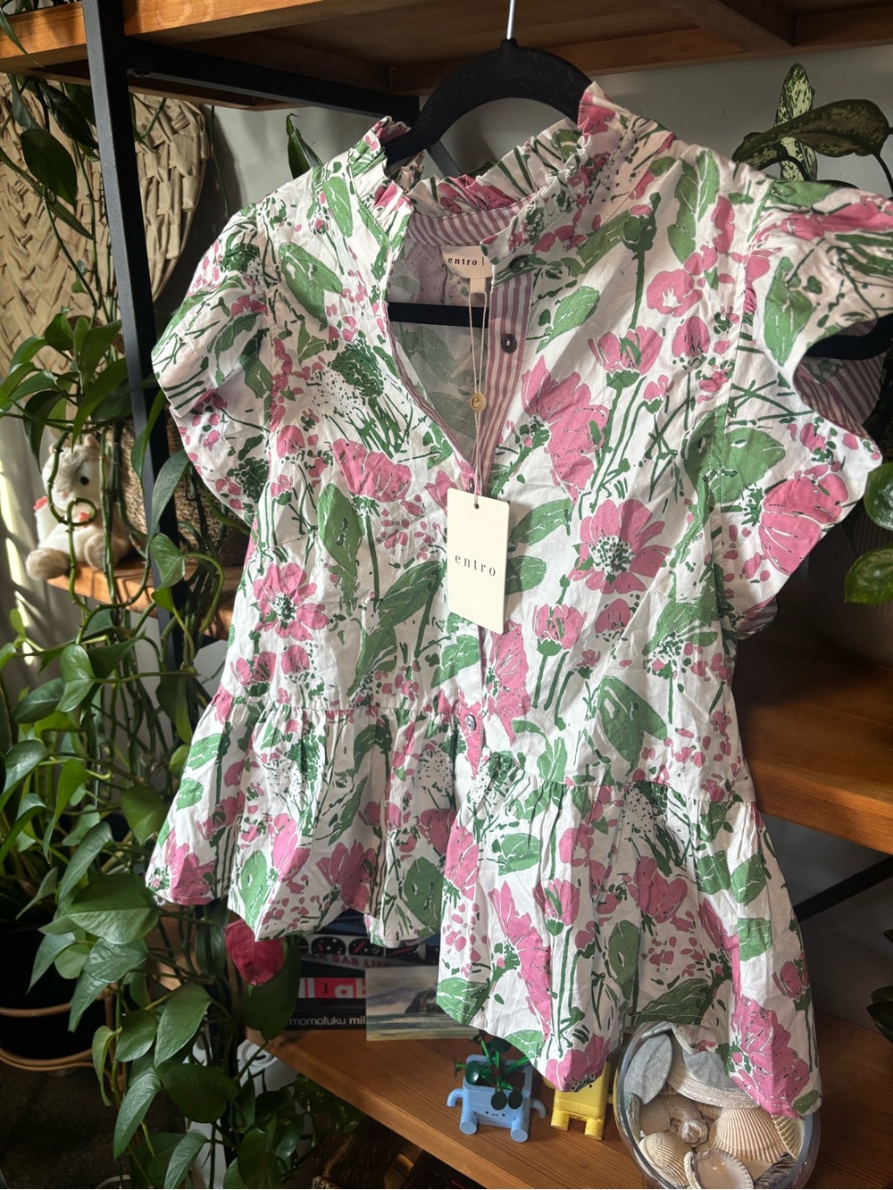 Entro White Floral Print Ruffle Trim Cotton Top | Medium - Picture 3 of 8